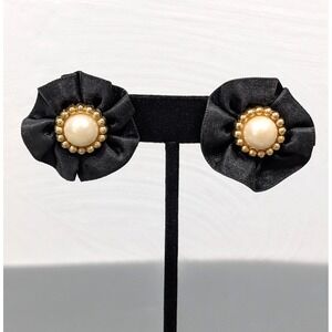 Vintage Black Ribbon Faux Pearl Gold Tone Statement Earrings